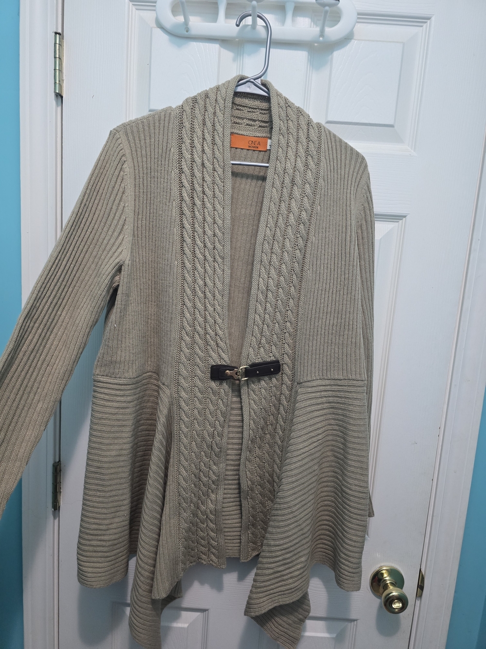Cozy Cable-Trim Shawl Cardigan in Taupe
